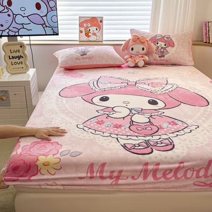 91家纺网 家纺一手货源 找家纺 孩子王 2024新款三丽鸥卡通床笠单件床罩冬季加厚牛奶绒床垫保护罩全包床单套 少女美乐蒂