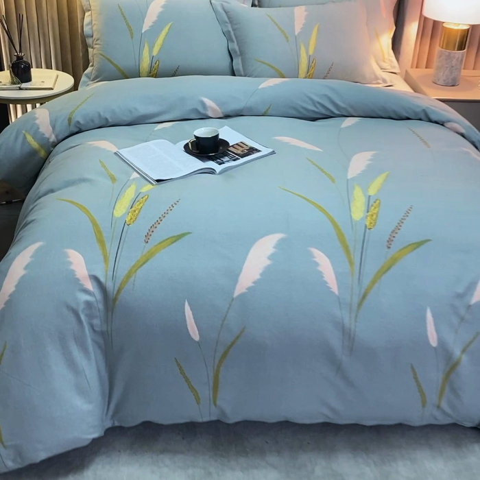 91家纺网 家纺一手货源 找家纺 威布斯 2025新款加厚纯棉全棉磨毛三件套四件套 叶脉私语-灰