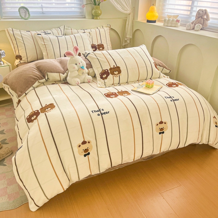 91家纺网 家纺一手货源 找家纺 梦之岛 2024新款高克重小清新印花牛奶绒保暖四件套 萌趣熊