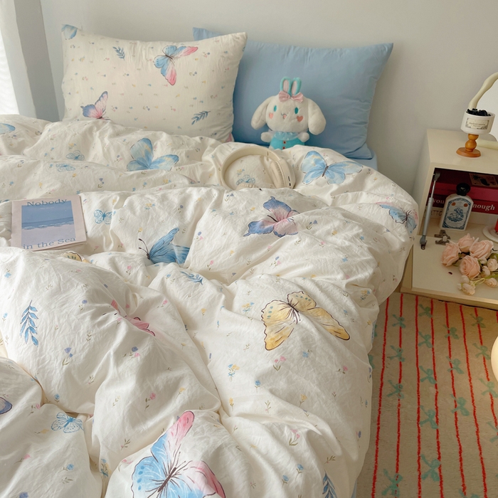 91家纺网 家纺一手货源 找家纺 2024新款学生季克超软印花水洗棉四件套 琉璃蝴