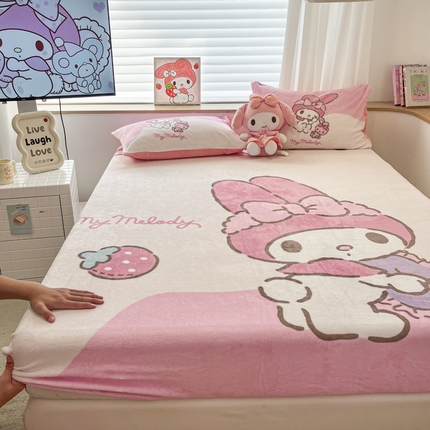 孩子王 2024新款三丽鸥卡通床笠单件床罩冬季加厚牛奶绒床垫保护罩全包床单套 草莓美乐蒂
