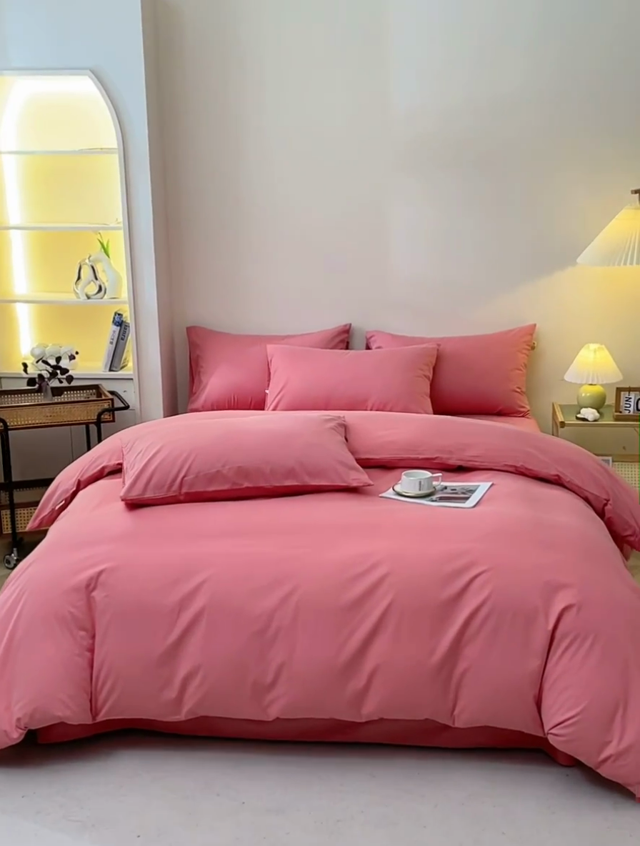 91家纺网 家纺一手货源 找家纺 晶缦家纺 2024新款全棉13376纯色喷气全棉磨毛四件套 暖芸馨-蕊红玉