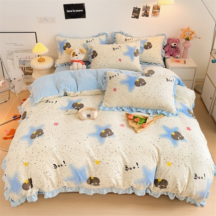 麦朵 2024高克重牛奶绒花边款四件套雪花绒金貂绒套件宝宝绒雕花绒被套 象先生
