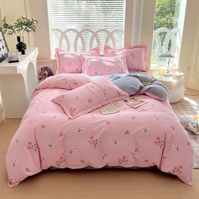 91家纺网 家纺一手货源 找家纺 威布斯 2025新款加厚纯棉全棉磨毛三件套四件套 风铃花香-粉