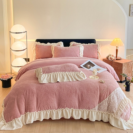 嗯呢家纺 2024新款A类高克重全消光韩版雕花贴布绣牛奶绒四件套-玫瑰恋人 玫瑰恋人-藕粉