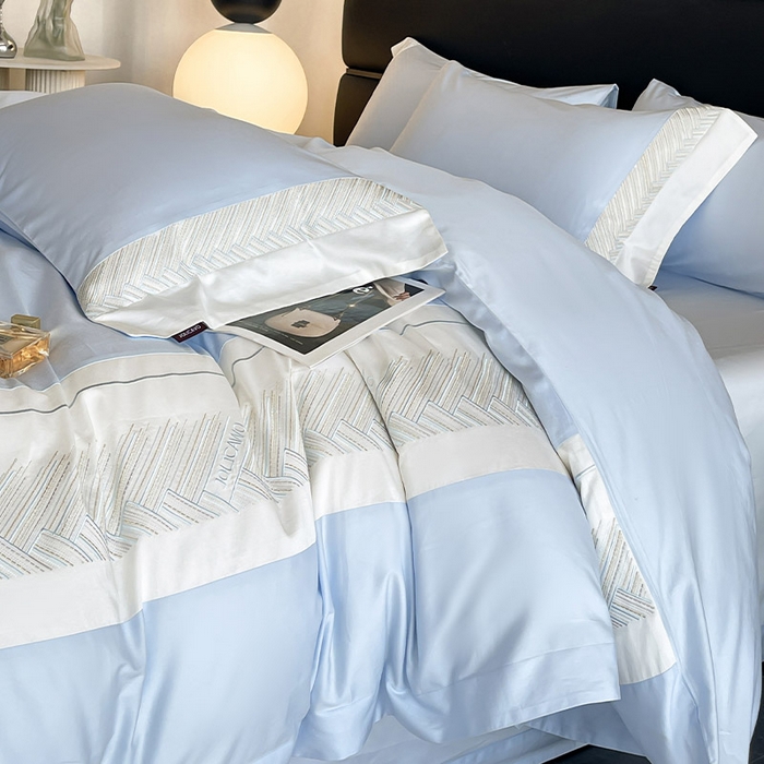 91家纺网 家纺一手货源 找家纺  【A类母婴级】100支长绒棉四件套全棉纯棉重工高端刺绣拼接被套简约床单床笠款床上用品 澜梦-沁水蓝