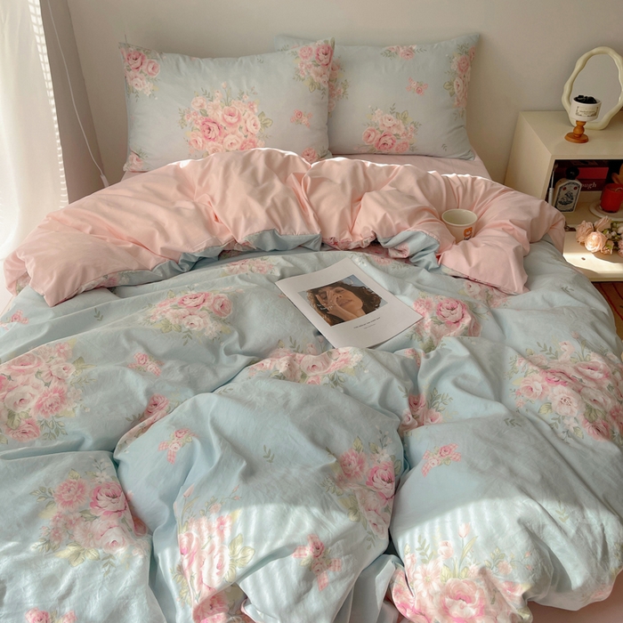 91家纺网 家纺一手货源 找家纺 2024新款学生季克超软印花水洗棉四件套 粉粉蔷薇