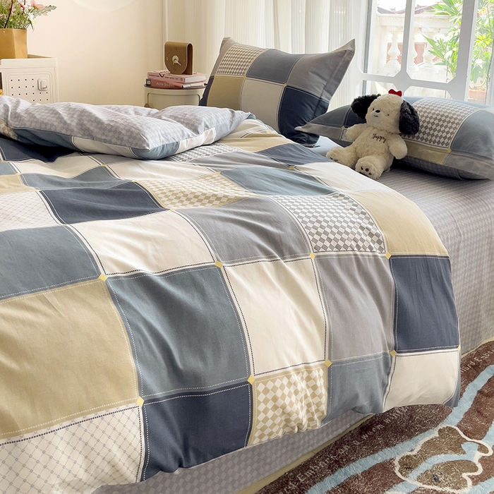 91家纺网 家纺一手货源 找家纺 暖芯优选 204新款直播爆款全棉-ins印花系列四件套纯棉三件套床单床笠 小方阵