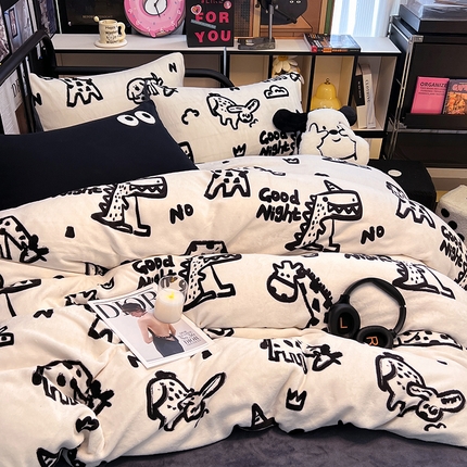 HL原创 2024新款黑色场景印花牛奶绒四件套 萌趣恐龙