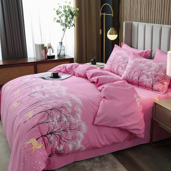 91家纺网 家纺一手货源 找家纺 威布斯 2025新款加厚纯棉全棉磨毛三件套四件套 鹿雪踏花-粉