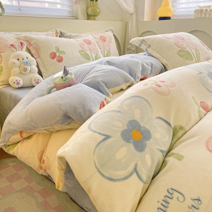 91家纺网 家纺一手货源 找家纺 （总）梦之岛 2024新款高克重小清新印花牛奶绒保暖四件套