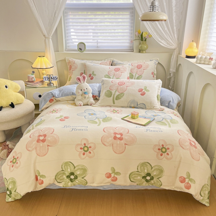 91家纺网 家纺一手货源 找家纺 梦之岛 2024新款高克重小清新印花牛奶绒保暖四件套 花香四溢