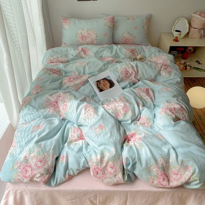 91家纺网 家纺一手货源 找家纺 2024新款学生季克超软印花水洗棉四件套 粉粉蔷薇