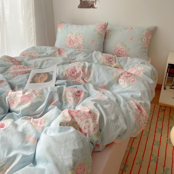 91家纺网 家纺一手货源 找家纺 2024新款学生季克超软印花水洗棉四件套 粉粉蔷薇
