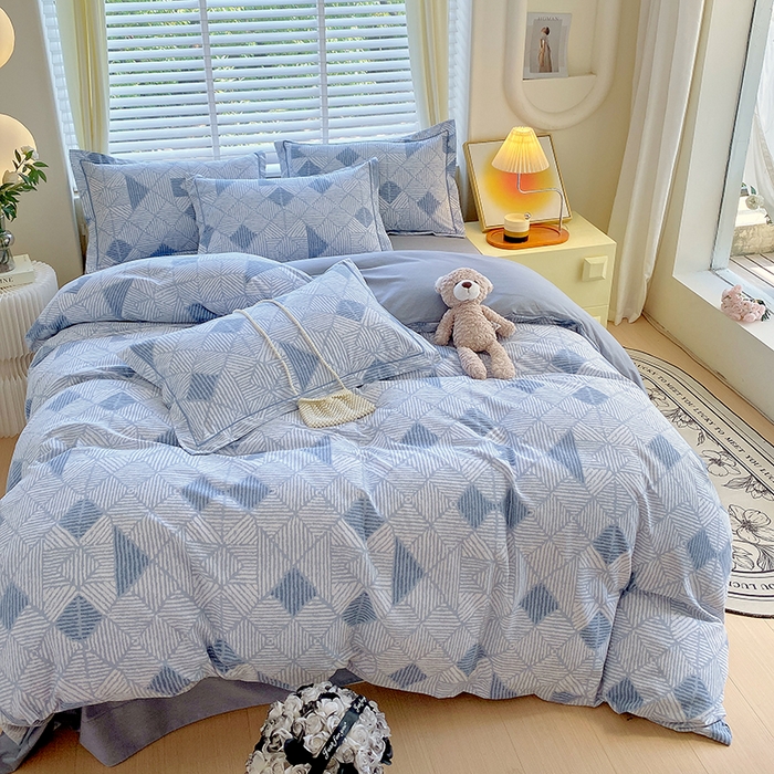 91家纺网 家纺一手货源 找家纺 威布斯 2025新款加厚纯棉全棉磨毛三件套四件套 街角咖啡-蓝