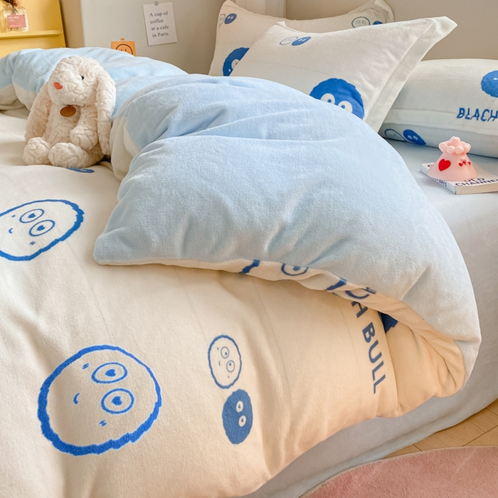 91家纺网 家纺一手货源 找家纺 梦之岛 2024新款高克重小清新印花牛奶绒保暖四件套 小煤球