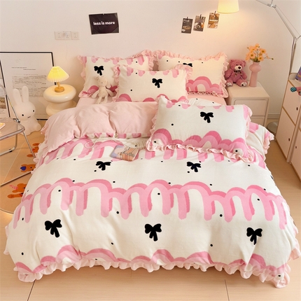 麦朵 2024高克重牛奶绒花边款四件套雪花绒金貂绒套件宝宝绒雕花绒被套 领结粉