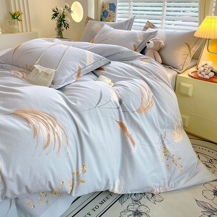 91家纺网 家纺一手货源 找家纺 威布斯 2025新款加厚纯棉全棉磨毛三件套四件套 墨雨云间-灰