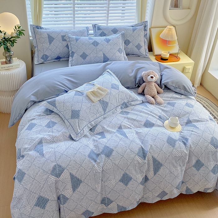 91家纺网 家纺一手货源 找家纺 威布斯 2025新款加厚纯棉全棉磨毛三件套四件套 街角咖啡-蓝