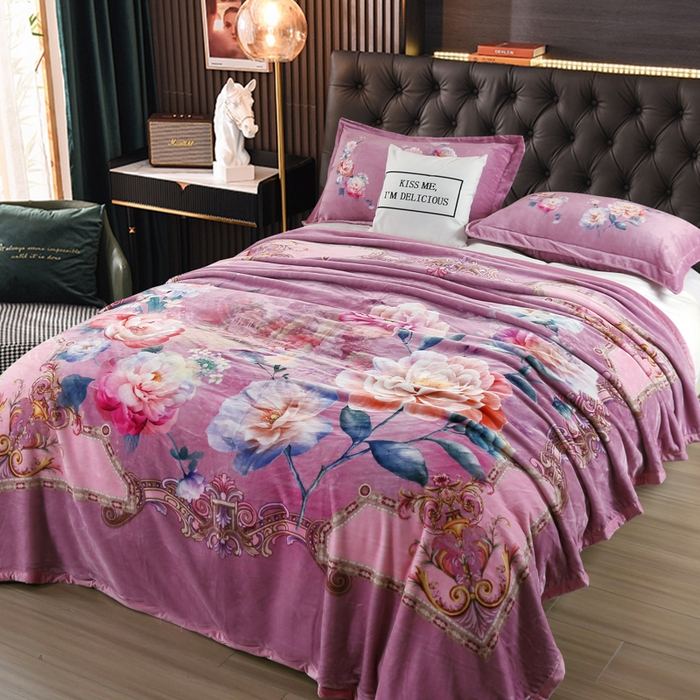 91家纺网 家纺一手货源 找家纺 好艺佳毛毯 2025新款升级多功能3D数码印花毛毯 被套两用拉舍尔云毯 良辰美景-粉