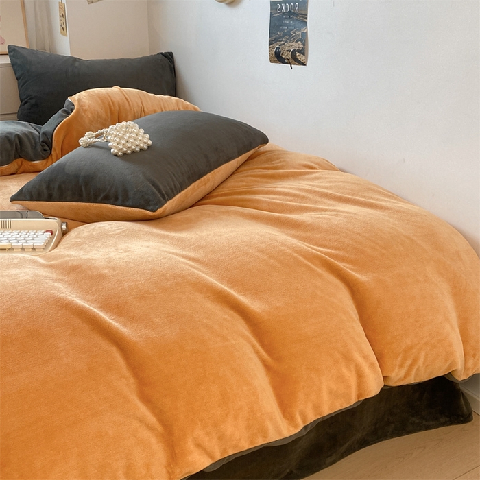 91家纺网 家纺一手货源 找家纺 857家居 2024新款A类牛奶绒纯色双拼四件套 火山橙