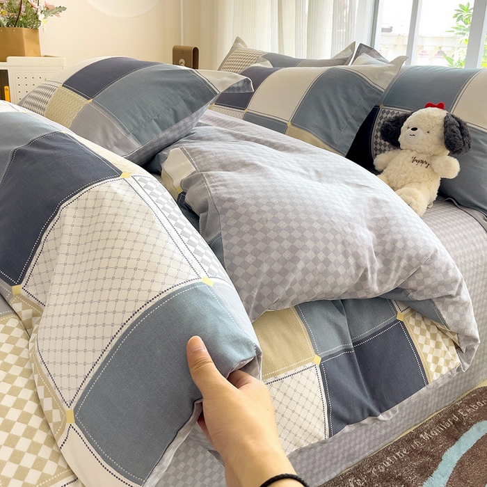 91家纺网 家纺一手货源 找家纺 暖芯优选 204新款直播爆款全棉-ins印花系列四件套纯棉三件套床单床笠 小方阵