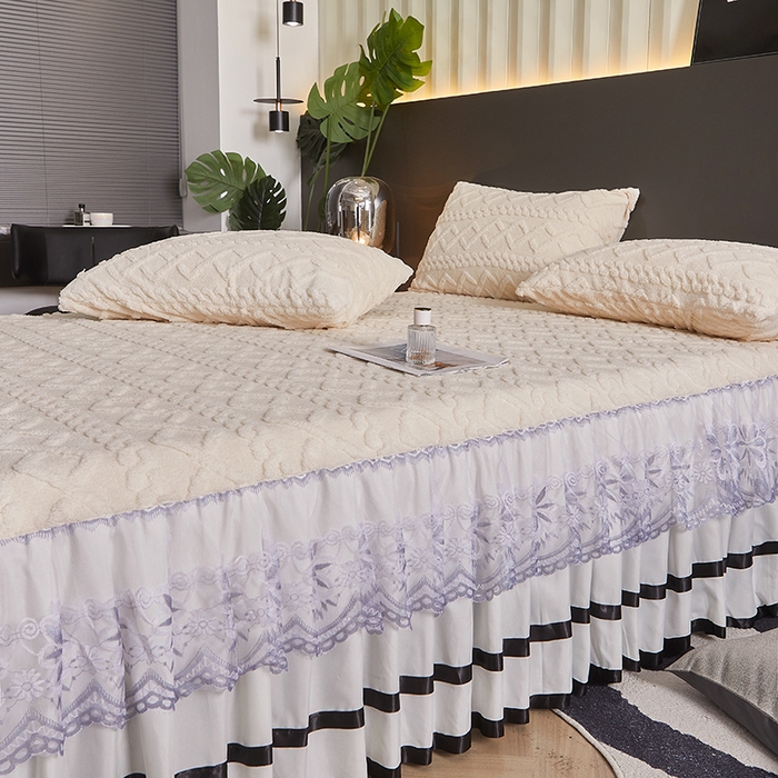 91家纺网 家纺一手货源 找家纺 艾裙海 2025新款180克塔肤绒蕾丝床裙 暖白