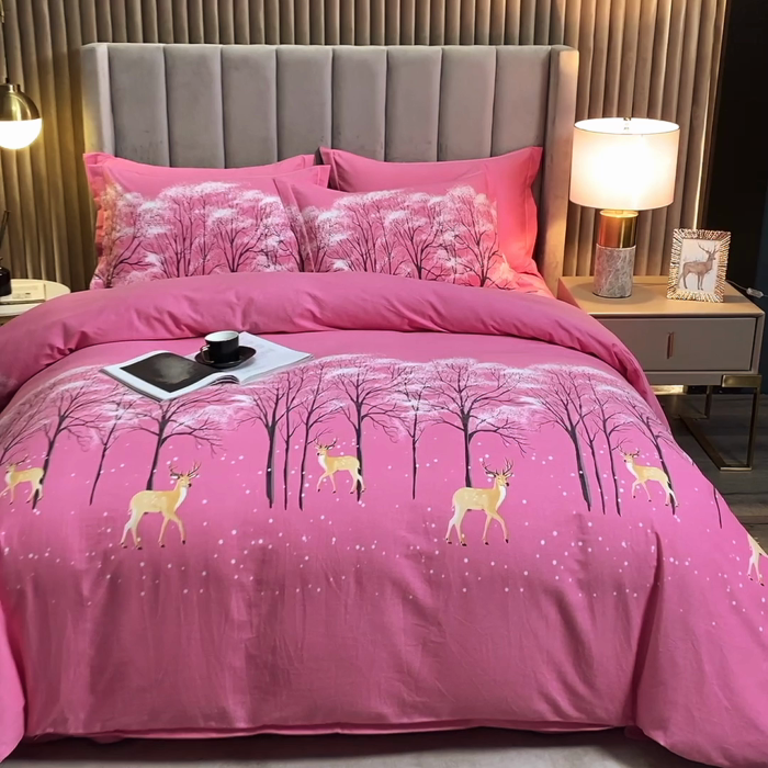 91家纺网 家纺一手货源 找家纺 威布斯 2025新款加厚纯棉全棉磨毛三件套四件套 鹿雪踏花-粉