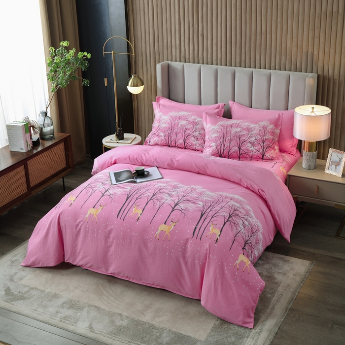 91家纺网 家纺一手货源 找家纺 威布斯 2025新款加厚纯棉全棉磨毛三件套四件套 鹿雪踏花-粉