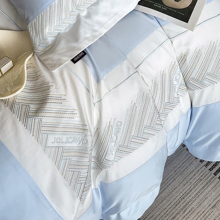 91家纺网 家纺一手货源 找家纺  【A类母婴级】100支长绒棉四件套全棉纯棉重工高端刺绣拼接被套简约床单床笠款床上用品 澜梦-沁水蓝