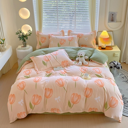 91家纺网 家纺一手货源 找家纺 威布斯 2025新款加厚纯棉全棉磨毛三件套四件套 悠悠小园-桔