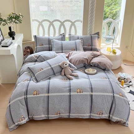 威布斯 2025新款加厚纯棉全棉磨毛三件套四件套 绅士熊-灰