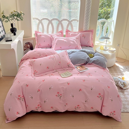 威布斯 2025新款加厚纯棉全棉磨毛三件套四件套 风铃花香-粉