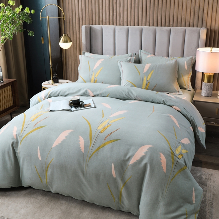 91家纺网 家纺一手货源 找家纺 威布斯 2025新款加厚纯棉全棉磨毛三件套四件套 叶脉私语-灰