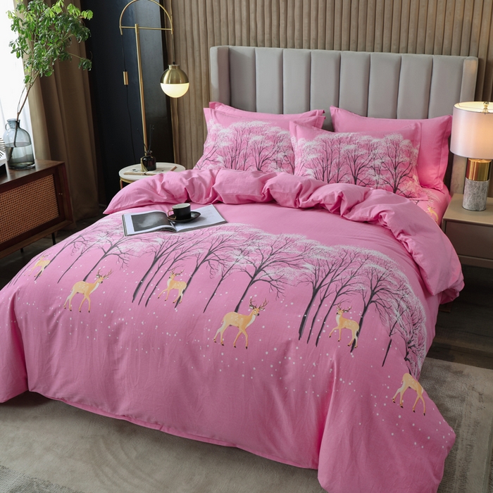 91家纺网 家纺一手货源 找家纺 威布斯 2025新款加厚纯棉全棉磨毛三件套四件套 鹿雪踏花-粉