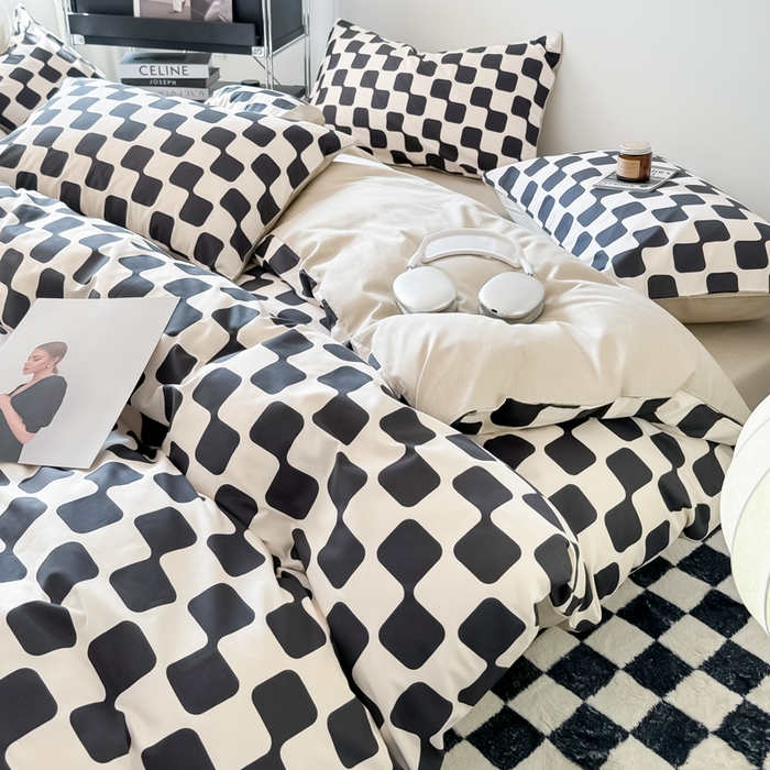 91家纺网 家纺一手货源 找家纺 呗旺鹿 2024新款全棉印花休闲风四件套 黑米格