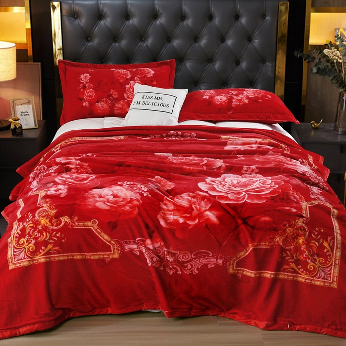 91家纺网 家纺一手货源 找家纺 好艺佳毛毯 2025新款升级多功能3D数码印花毛毯 被套两用拉舍尔云毯 良辰美景-大红