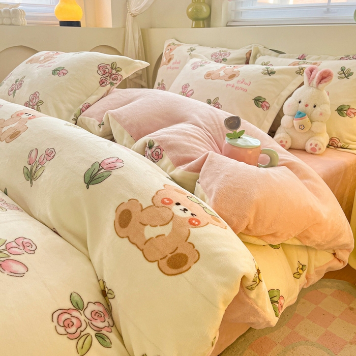 91家纺网 家纺一手货源 找家纺 梦之岛 2024新款高克重小清新印花牛奶绒保暖四件套 莫奈花园