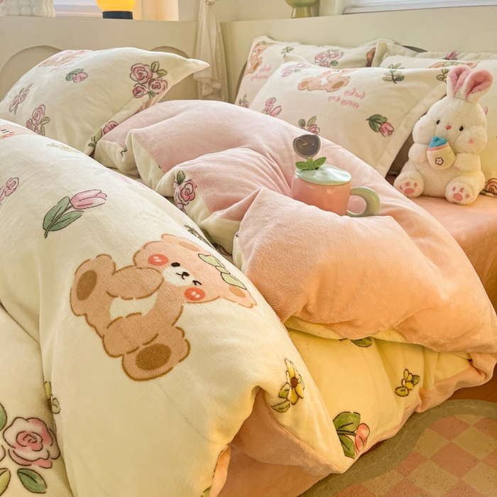 91家纺网 家纺一手货源 找家纺 梦之岛 2024新款高克重小清新印花牛奶绒保暖四件套 莫奈花园