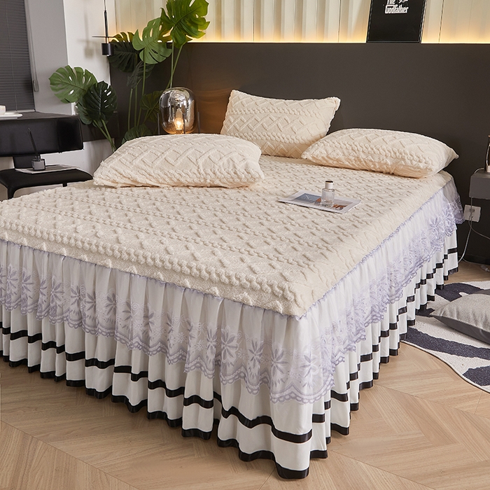 91家纺网 家纺一手货源 找家纺 艾裙海 2025新款180克塔肤绒蕾丝床裙 暖白