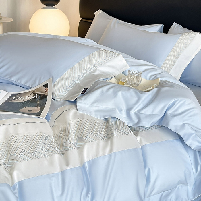 91家纺网 家纺一手货源 找家纺  【A类母婴级】100支长绒棉四件套全棉纯棉重工高端刺绣拼接被套简约床单床笠款床上用品 澜梦-沁水蓝