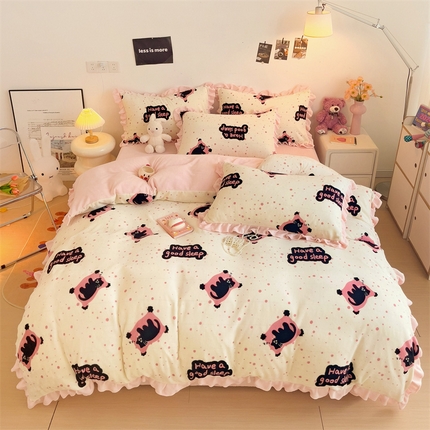 麦朵 2024高克重牛奶绒花边款四件套雪花绒金貂绒套件宝宝绒雕花绒被套 晚安猫