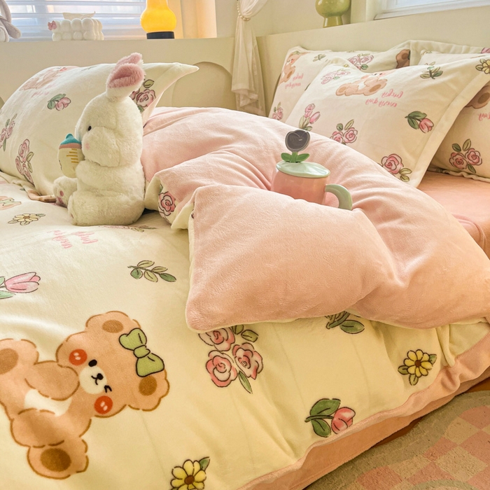 91家纺网 家纺一手货源 找家纺 梦之岛 2024新款高克重小清新印花牛奶绒保暖四件套 莫奈花园