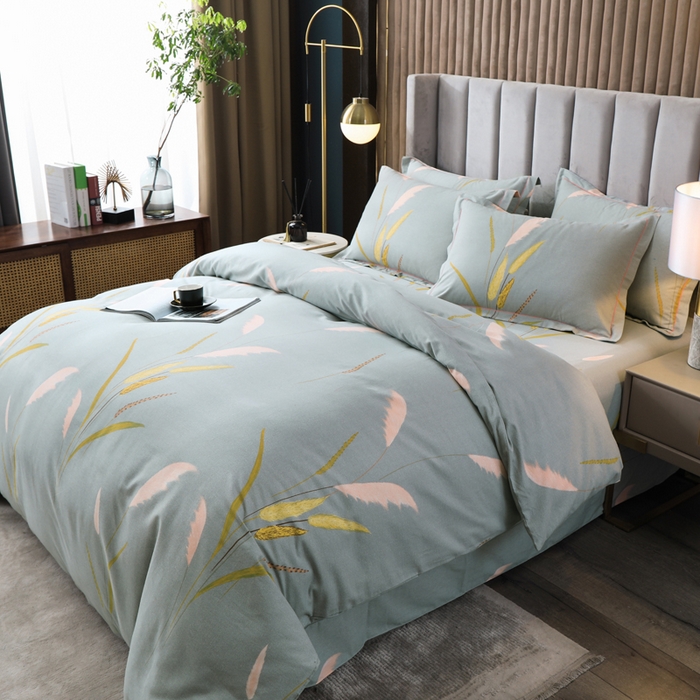 91家纺网 家纺一手货源 找家纺 威布斯 2025新款加厚纯棉全棉磨毛三件套四件套 叶脉私语-灰