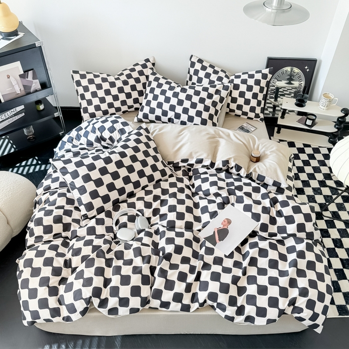 91家纺网 家纺一手货源 找家纺 呗旺鹿 2024新款全棉印花休闲风四件套 黑米格