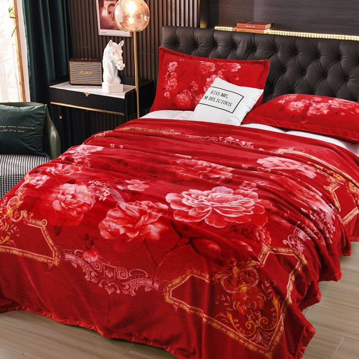 91家纺网 家纺一手货源 找家纺 好艺佳毛毯 2025新款升级多功能3D数码印花毛毯 被套两用拉舍尔云毯 良辰美景-大红