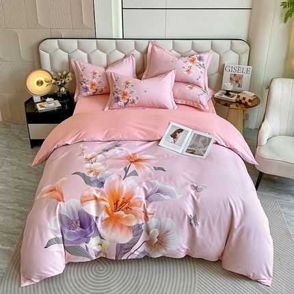 91家纺网 家纺一手货源 找家纺 梧桐树 2025新款100%全棉大版全棉磨毛四件套 花梦-粉