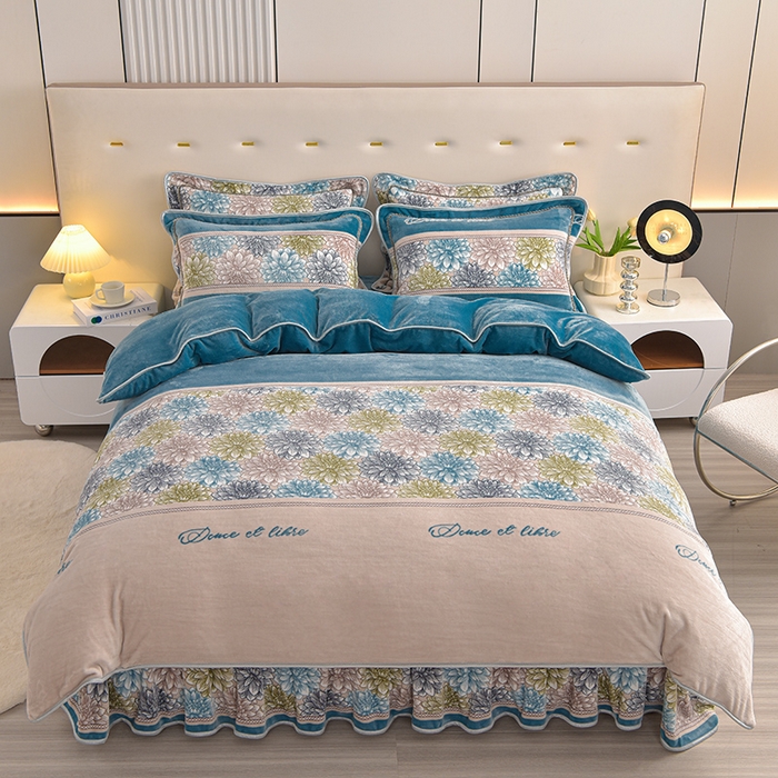 91家纺网 家纺一手货源 找家纺 静缘分 2025新款230克特厚8.5斤牛奶绒金貂绒床裙款保暖四件套-绚丽多彩