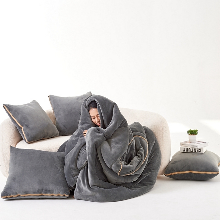 91家纺网 家纺一手货源 找家纺 照世家纺 2024新款牛奶绒纯色抱枕被（控价68/89/129/169/219） 深灰