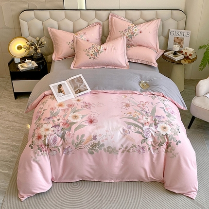 91家纺网 家纺一手货源 找家纺 梧桐树 2025新款100%全棉大版全棉磨毛四件套 天苑花间-粉